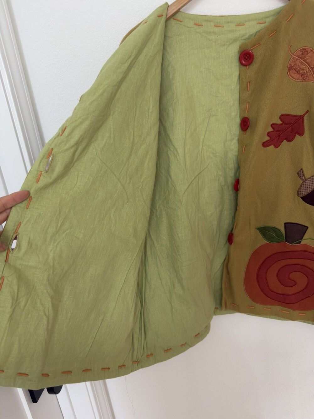 VTG 90s Y2K Autumn Pumpkin Leaf Applique Fleece Jacket Mustard Cardigan L Lined - Picture 4 of 16